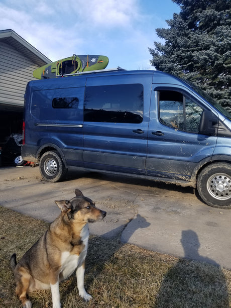 A muddy blue rv rental van with a kayak on its roof is parked on a driveway, as a watchful dog sits on the grass.