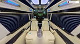 Explore this luxury RV rental's sophisticated interior with plush captain's chairs, ambient lighting, and modern finishes for ultimate comfort.