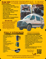 Advertisement for RV rental, featuring a fully-equipped white Sprinter van, detailing services and amenities for a seamless adventure.
