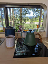 Cozy RV rental interior with a green gooseneck kettle on an induction cooktop, a mug, and a scenic forest view.