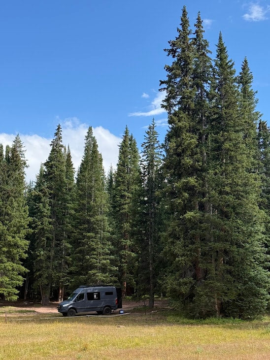  mountains under blue sky.|A dark grey RV rental is perfectly nestled in a sunny forest clearing — photo 3