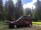Red Ram ProMaster City RV rental van, equipped with a roof cargo box, rests in a sun-dappled forest.