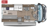 RV rental 20D floor plan: detailed interior layout with kitchen, wet bath, extended bed, pop-top, and 13' awning.