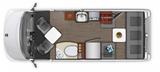 Overhead view of an RV rental interior layout, highlighting the kitchen, bath, and convertible living/sleep spaces.