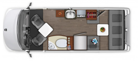 Overhead view of an RV rental interior layout, highlighting the kitchen, bath, and convertible living/sleep spaces.