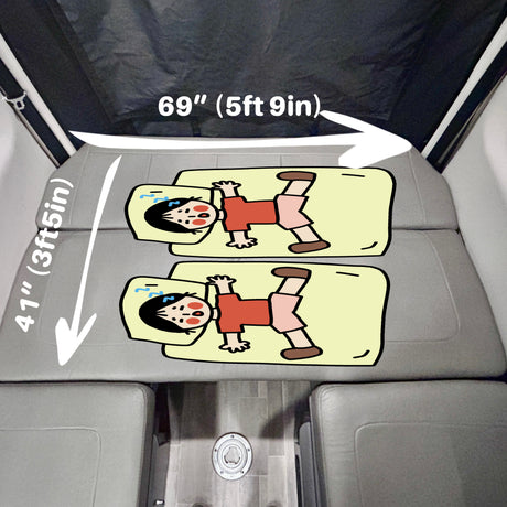 RV rental sleeping area: A cozy 69"x41" bed for two, illustrating comfortable space for your next adventure.