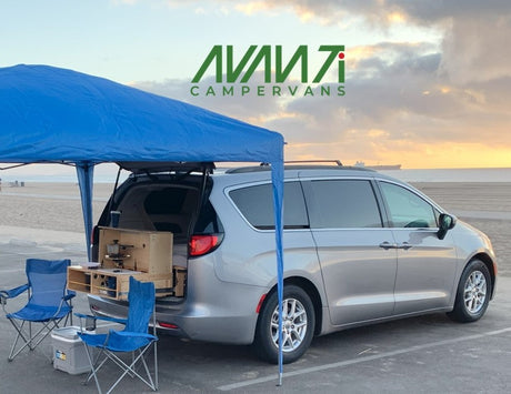 This minivan RV rental boasts a clever pull-out kitchen & canopy setup for beachside camping. Ideal for outdoor adventures.|AVANTI Voyager RV rental: a van camper with canopy