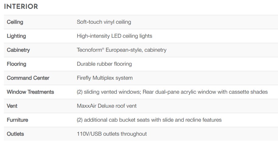Detailed RV rental interior features: Ceiling, lighting, cabinetry, flooring, window treatments, and tech specs.