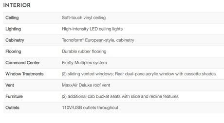 Detailed RV rental interior features: Ceiling, lighting, cabinetry, flooring, window treatments, and tech specs.