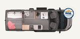 Overhead view of a spacious RV rental interior layout, highlighting its bed, kitchen, bathroom, and living areas.