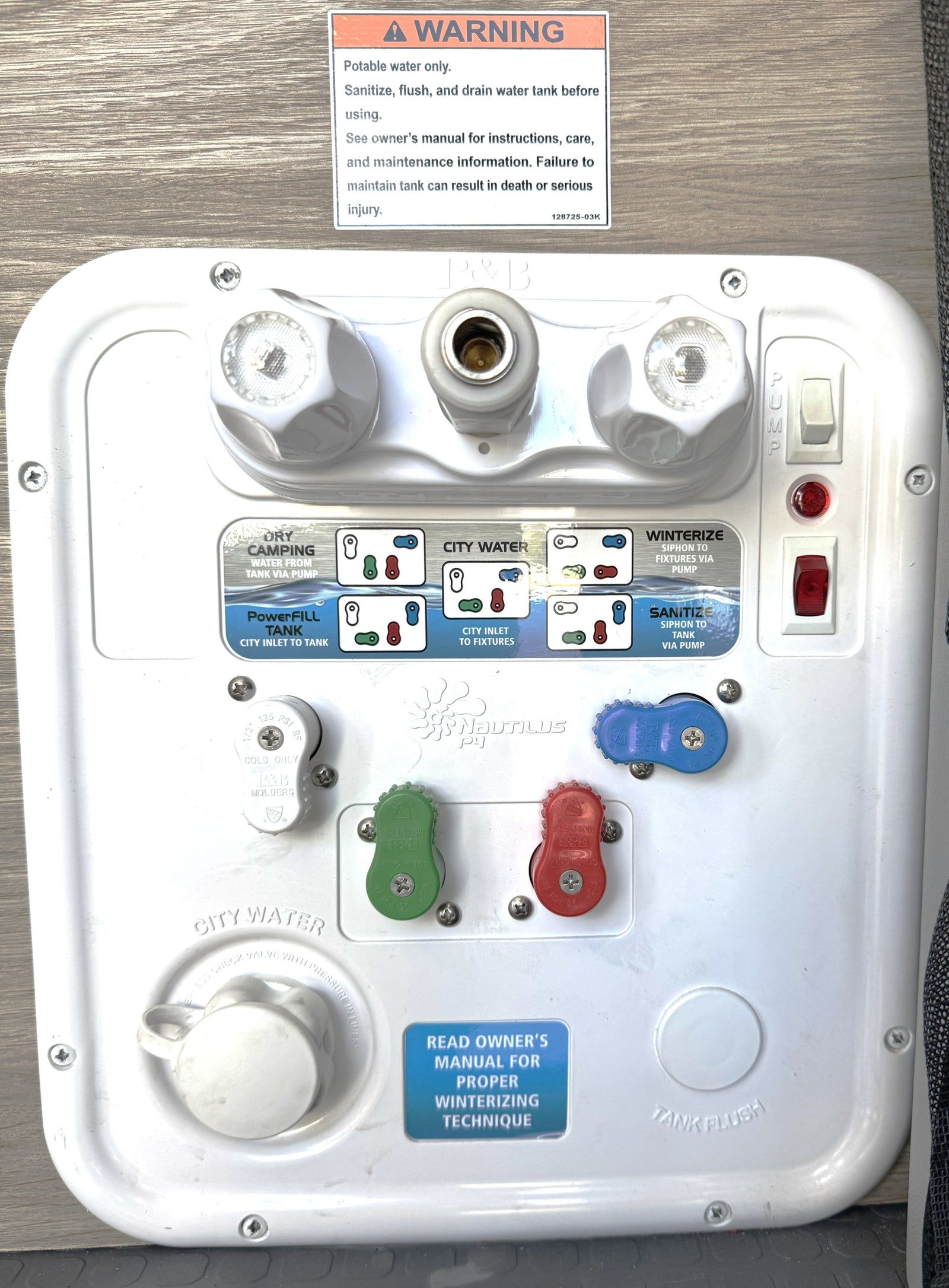 RV rental water control panel: Nautilus P3 system for city water, dry camping, winterizing, and sanitizing.
