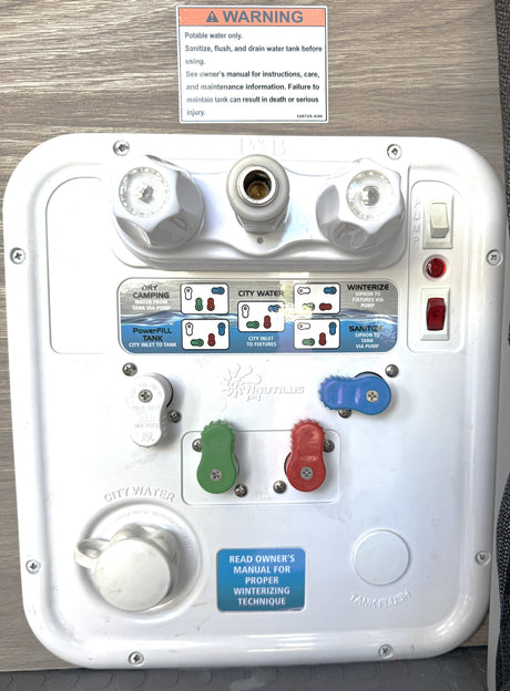 RV rental water control panel: Nautilus P3 system for city water, dry camping, winterizing, and sanitizing.