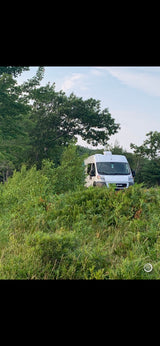 This RV rental van is nestled among lush green vegetation and trees, ideal for secluded travel and nature exploration.