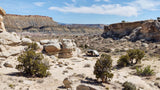 An RV rental is perfectly situated amidst unique desert rock formations, with layered mesas and distant snowy peaks under clear skies.