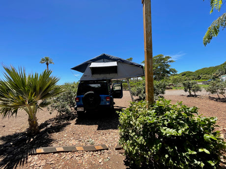 Blue Jeep with rooftop tent deployed at a sunny campsite. Ideal for your next RV rental outdoor adventure!