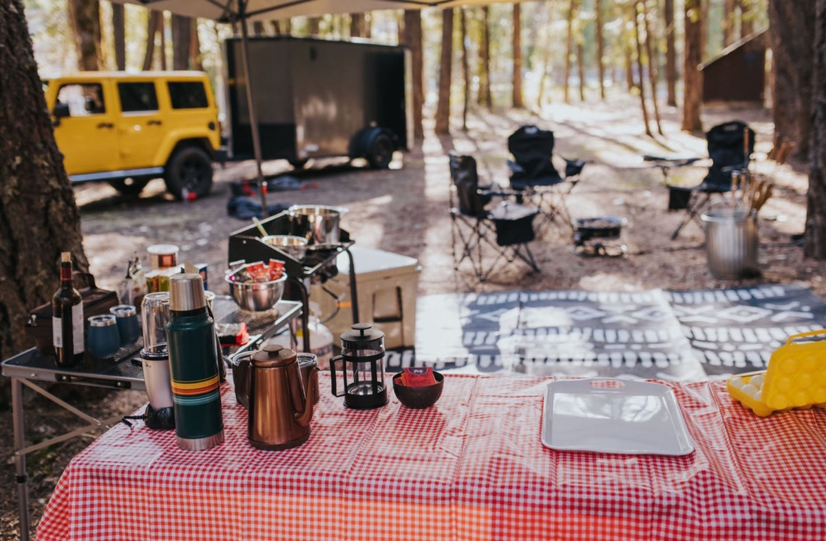  revealing organized camping gear for their trip.|Women set up an outdoor campsite kitchen under a canopy — photo 7