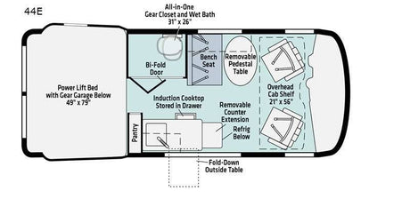 RV rental: 44E camper van floor plan showing a power lift bed, wet bath, kitchen, and flexible dining area.