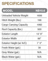 This RV rental specifications table for model NB10.6 details key metrics like weight, dimensions, and water capacities.