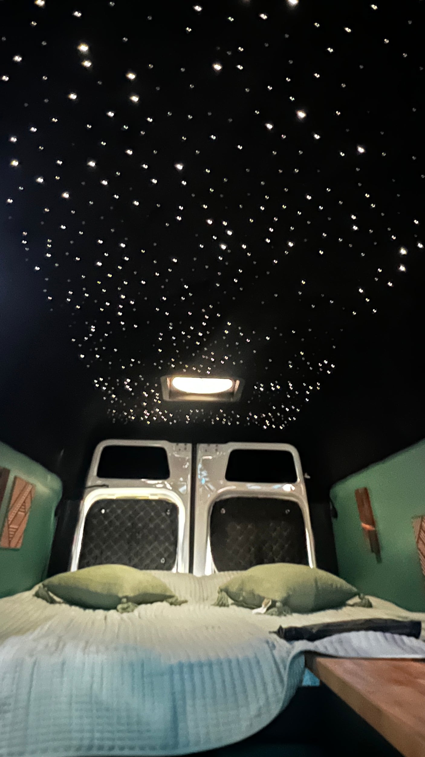 Enjoy this RV rental's custom interior: a dark ceiling with twinkling lights, comfy bed with green pillows, and unique wall panels.