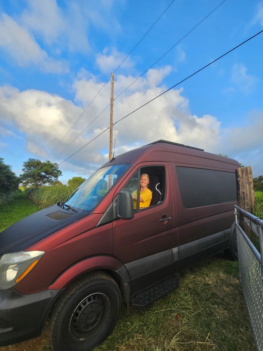 Smiling woman in a maroon rv rental van, parked in a grassy area under a bright blue, cloudy sky.