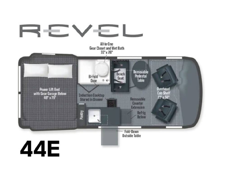  and seating layout for compact adventures.|Enjoy nature with this rv rental! A modern camper van sits at a wooded campsite with a picnic table under overcast skies. — photo 11