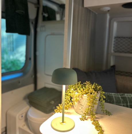 Cozy RV rental interior with a modern green lamp illuminating a potted plant on a wooden table, offering a glimpse of nature outside.