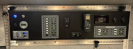RV rental's comprehensive electrical control center: monitoring, AC/DC panels, climate controls, and outlets.