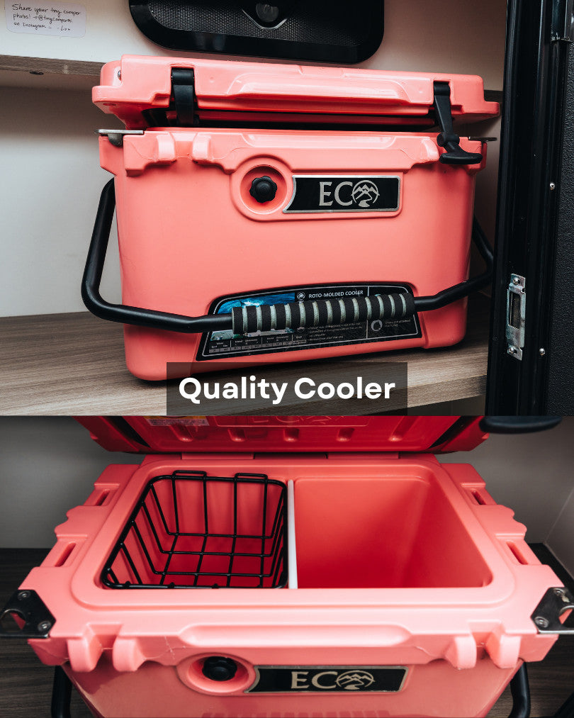 Quality pink roto-molded cooler, ready for your RV rental adventure. Keeps essentials chilled for travel & camping.