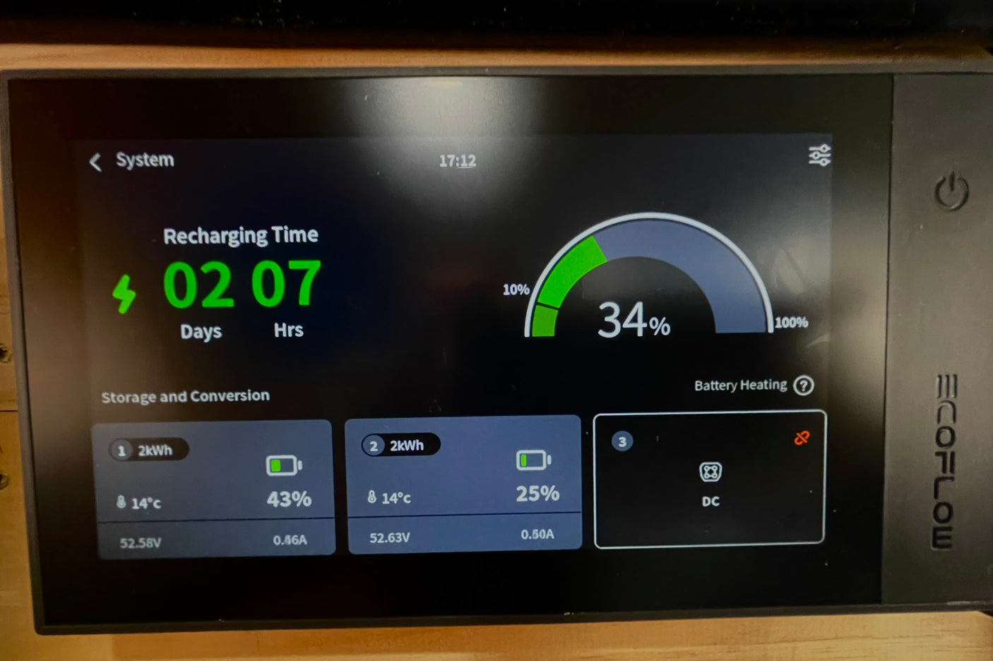 EcoFlow power station display for an RV rental, showing 34% battery, 2 days 7 hrs until fully charged, and individual battery stats.