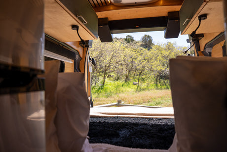 View from a comfortable rv rental: inside a van with wood accents and speakers, looking out at a vibrant, green wooded area.