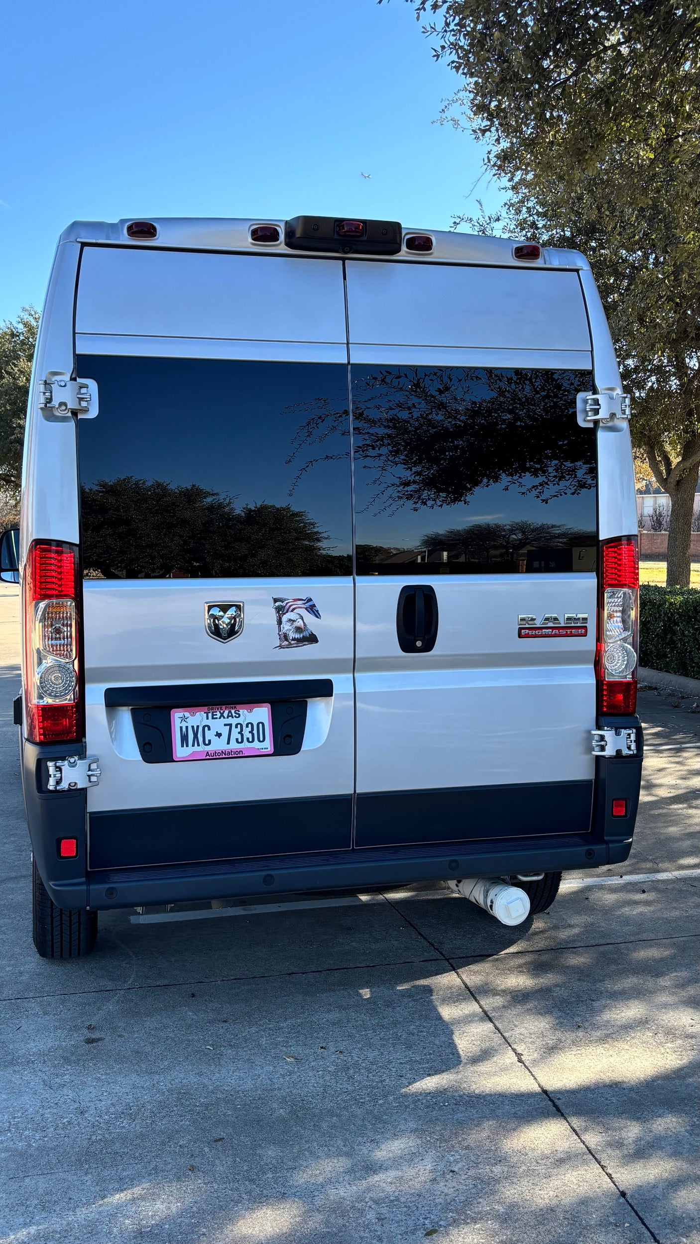 Rear of a silver Ram ProMaster van, typical for rv rental, showing its Texas plate, eagle decal, and undercarriage storage tube.