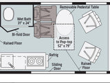This RV rental floor plan shows a compact layout with a wet bath, kitchen, dinette, and pop-top access. Ideal for small groups.