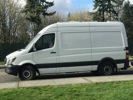 A white Sprinter cargo van, often used for RV rental conversions, parked on a paved street beside green grass.
