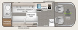 This RV rental's detailed floor plan highlights a wet bath, expanding sofa, kitchen, and swivel chairs for a compact living space.