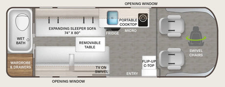 This RV rental's detailed floor plan highlights a wet bath, expanding sofa, kitchen, and swivel chairs for a compact living space.