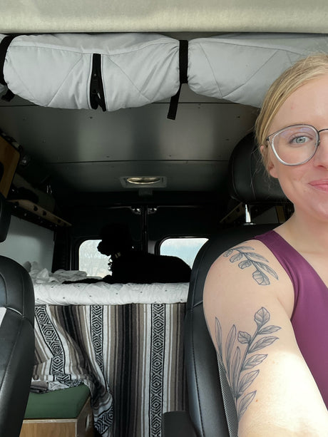 Exploring an rv rental: Woman with arm tattoos, black dog relaxing in comfy camper van interior. Ready for adventure!
