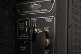 RV rental water control panel details options for fresh water tank use, normal flow, and siphoning via dual valve levers.