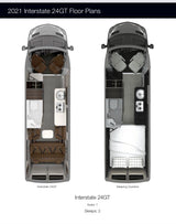 Overhead view of 2021 Interstate 24GT RV rental floor plans, detailing day/night layouts: seats 7, sleeps 2.