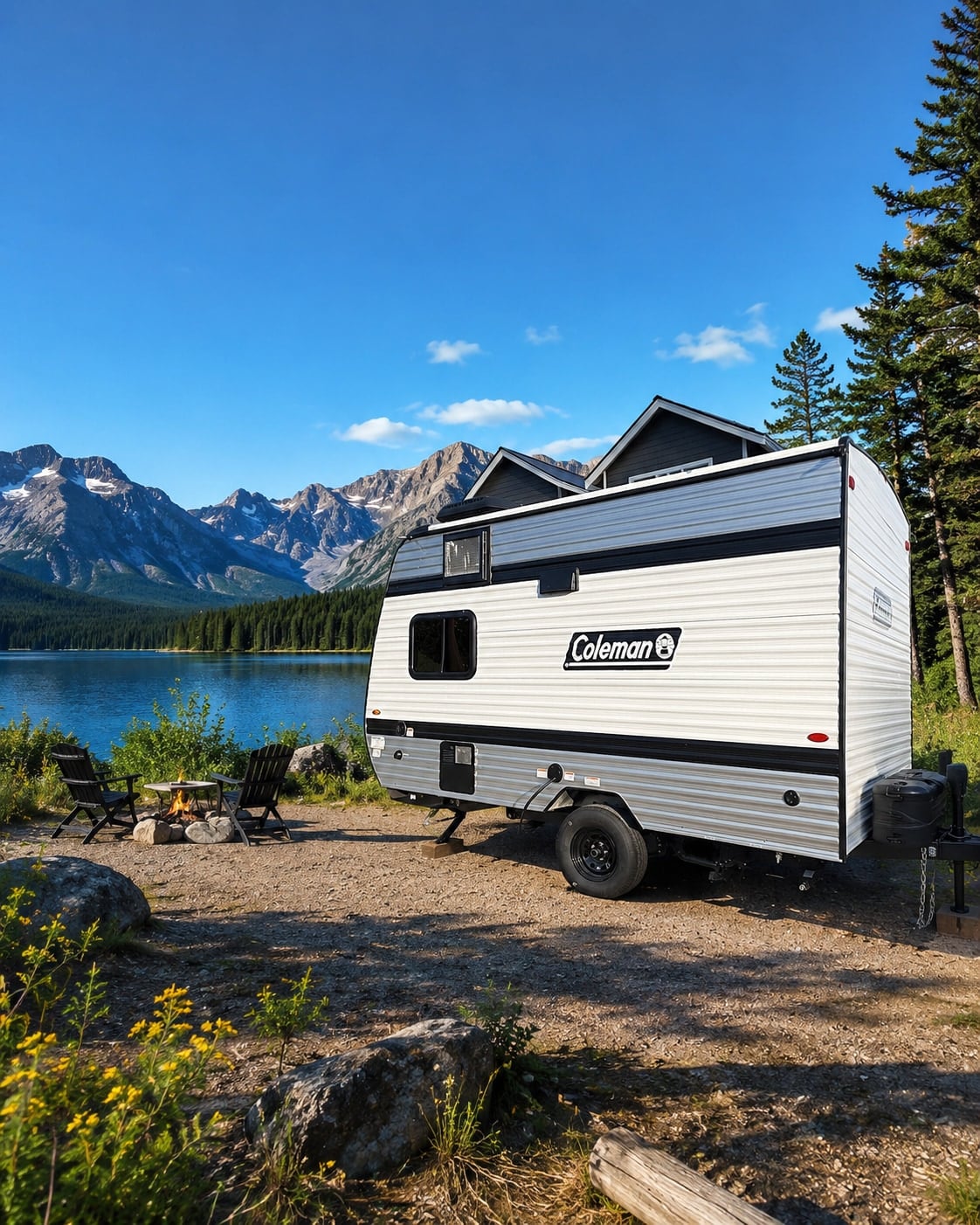  surrounded by forest with a picnic table and fire pit on a gravel site.|This Coleman travel trailer RV rental — photo 4