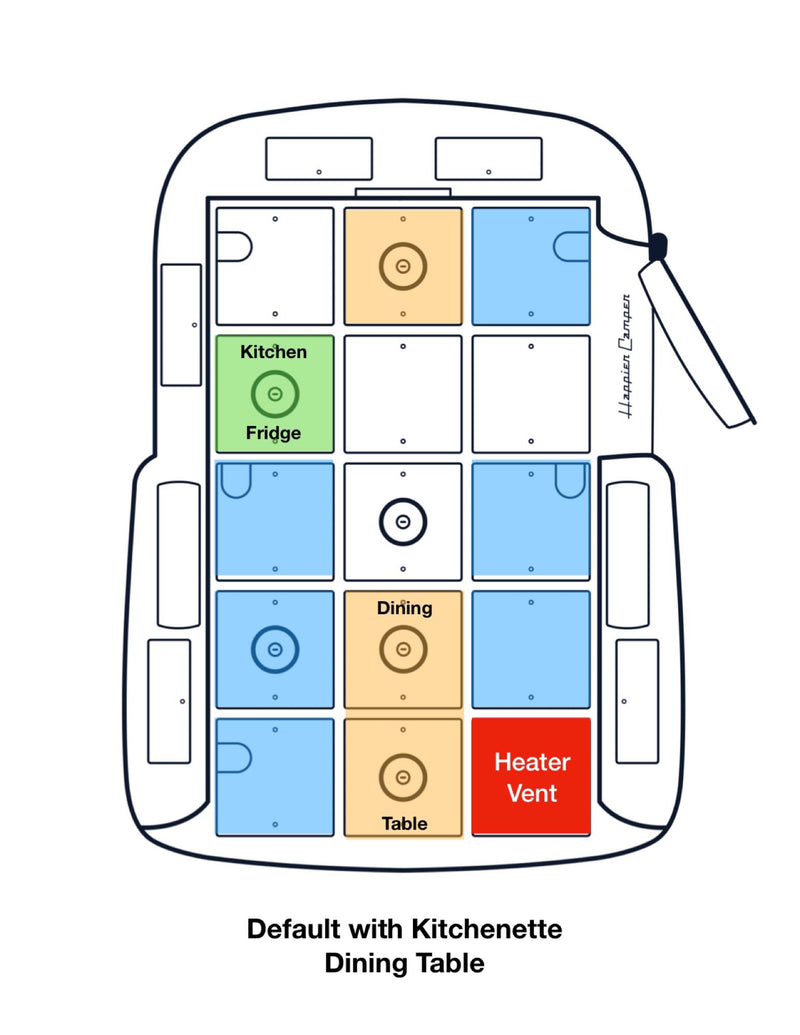 RV rental floor plan: Happier Camper's modular interior with kitchenette, fridge, dining table, and heater vent layout. — photo 18