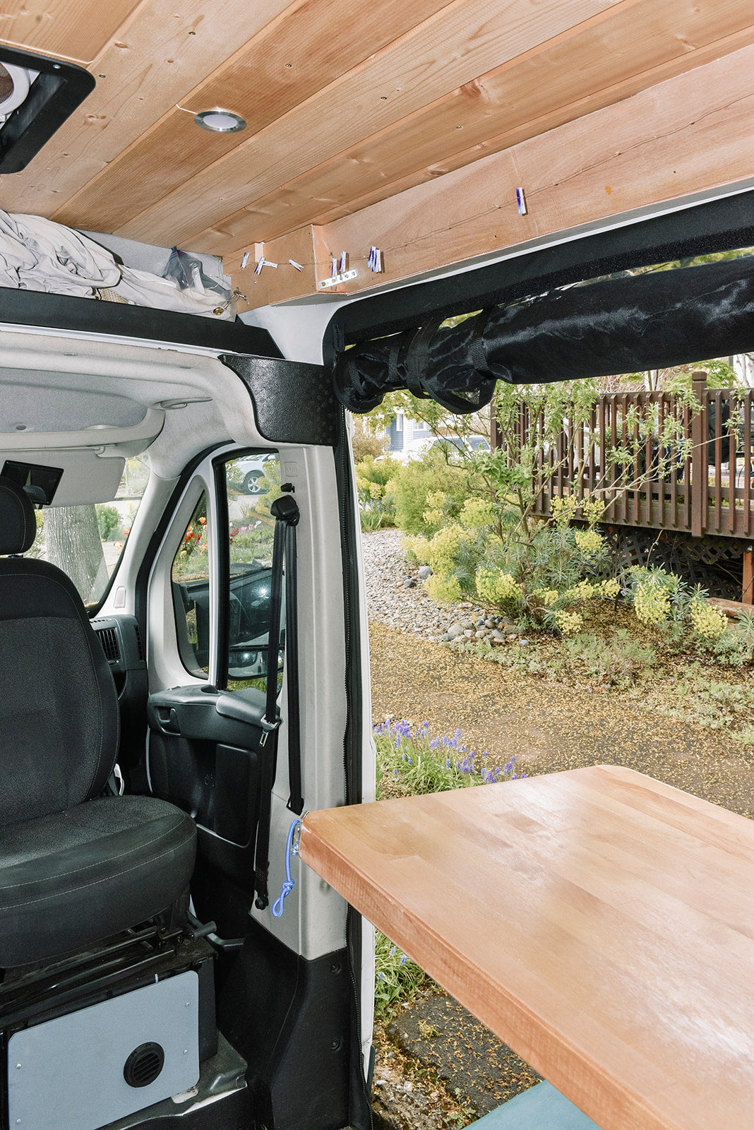 RV rental: Enjoy this camper van's custom wood ceiling, extending table, and scenic outdoor view from the open door.