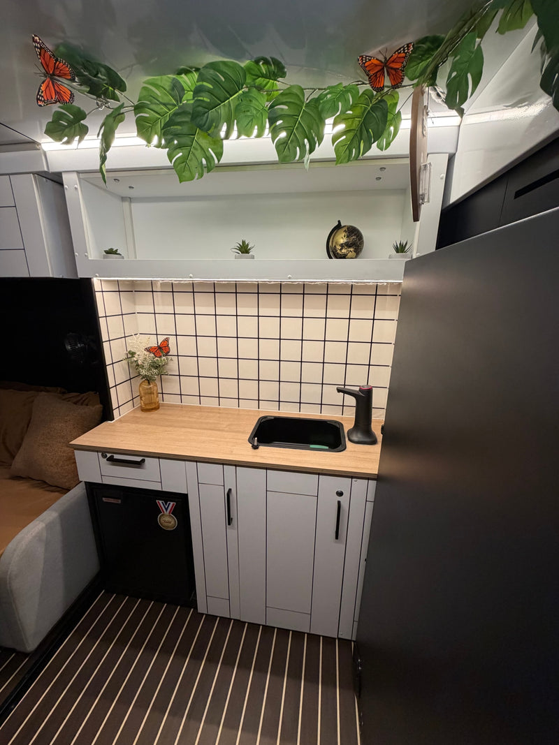 Inside this RV rental, a modern kitchenette with a sink, mini-fridge, and leaf/butterfly decor creates a cozy, functional space. — photo 8