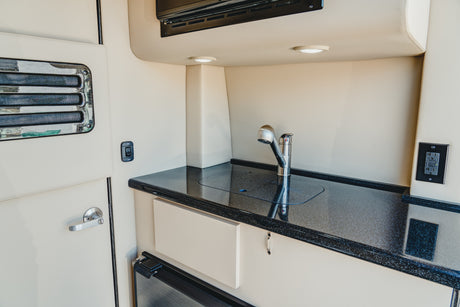 Bright RV rental kitchen. Features a modern sink, pull-down faucet, black speckled counter, & built-in appliances.