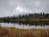 Experience tranquil autumn nature from your RV rental. Misty forest reflects on a calm lake, perfect for outdoor escapes.