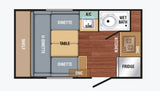 This top-down RV rental floor plan shows a U-dinette, kitchen (sink, stove, fridge), and wet bath. A compact travel layout.