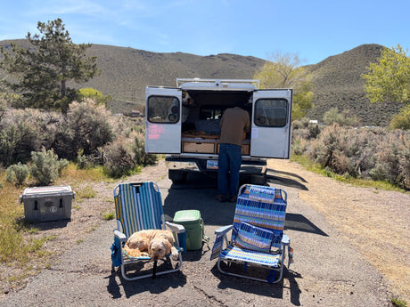 Enjoying an RV rental adventure! A person organizes their truck camper, while a golden doodle relaxes in a camping chair outdoors.