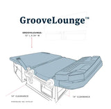 Diagram of GrooveLounge convertible RV bed, 72"x34" with 14" clearance, ideal for compact RV rental interiors.
