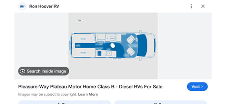 Pleasure-Way Plateau Class B Diesel RV rental floor plan shows twin beds, kitchen, and bathroom layout.