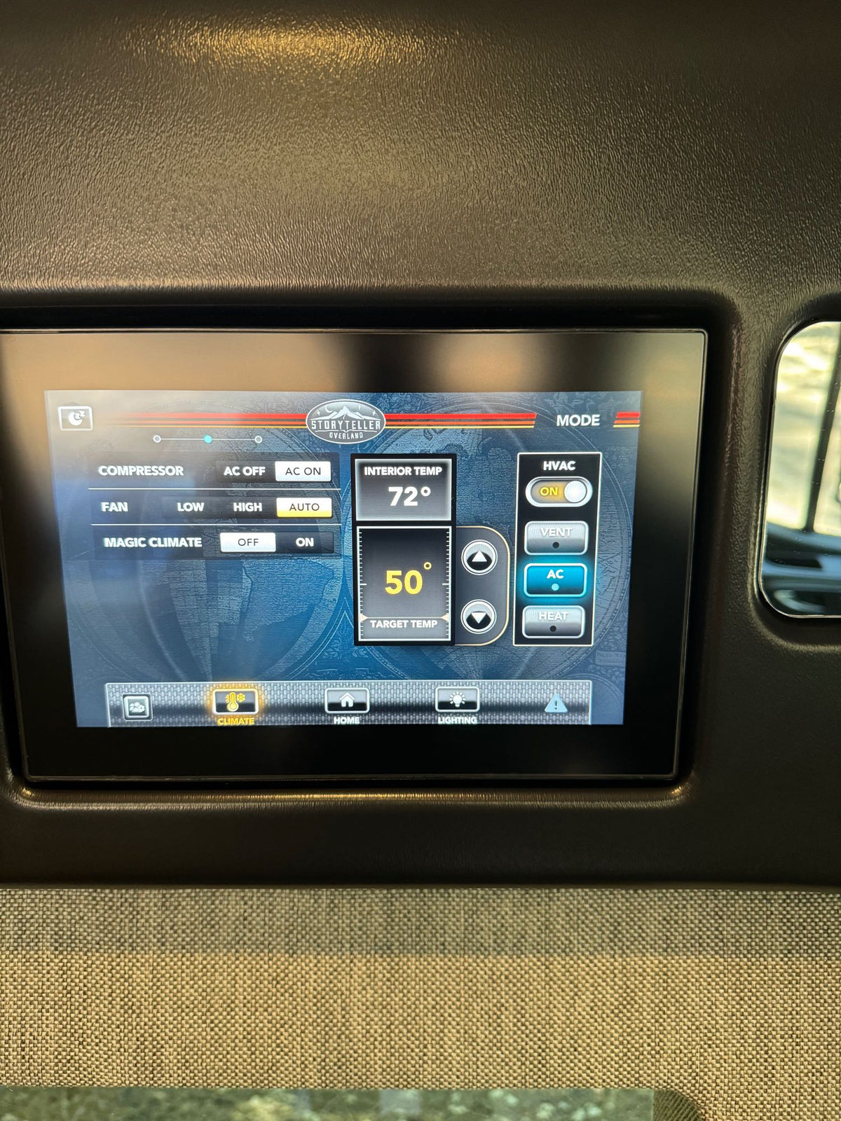 Digital climate control screen in an RV rental