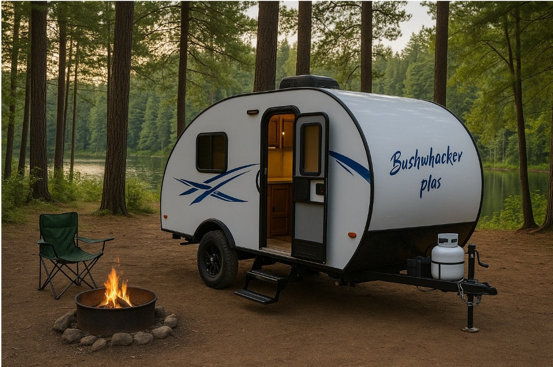 Bushwhacker Plus travel trailer (RV rental) at a serene lake campsite with a campfire and chair, ideal for nature escapes. — photo 10